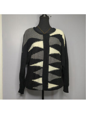 Vintage Christina Grant Angora Blend Sweater - Pearl Accents - Sz 2X - 80s -B/W
